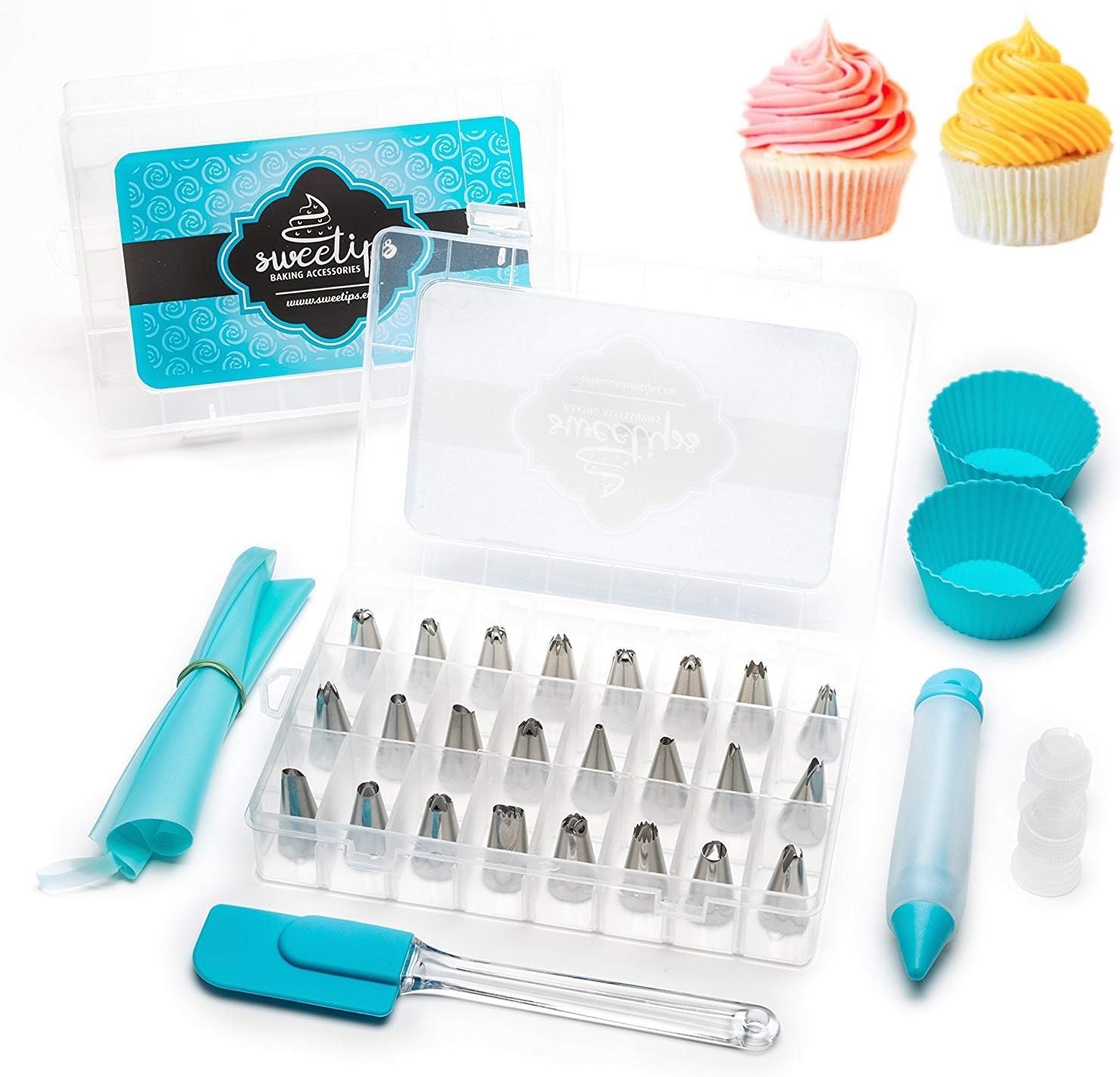 Sweetips - Cake & Cupcake Decorating Tool Supplies - 31 Pcs Kit Set - 24 Piping Tips, 2 Couplers, 2 Silicone Baking Cups, Reusable Icing Bag, Frosting Spatula & Pastry Pen