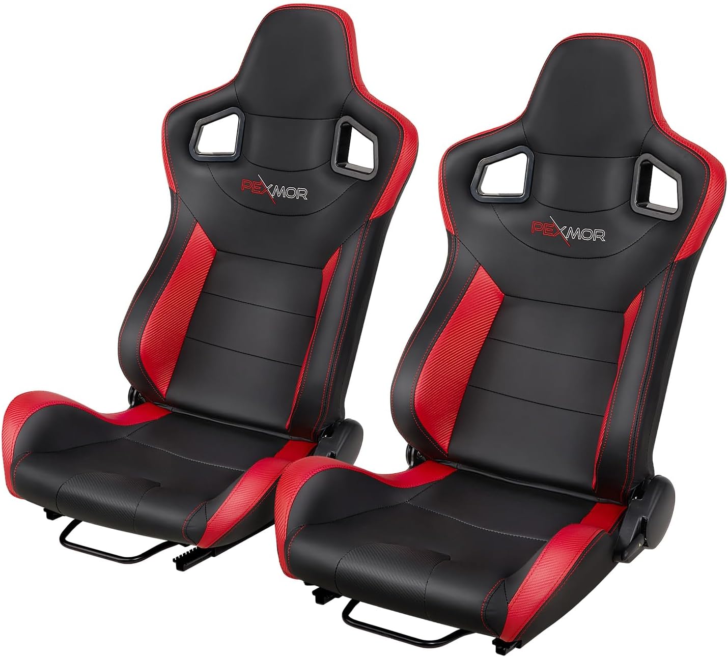 PEXMOR 2 Pcs Reclinable Universal Racing Bucket Seats w/Dual Slider, PU & Carbon Leather Adjustable Race Seats for Cars, Driver and Passenger Side, 21.5" W X 21.5" D X 38"H