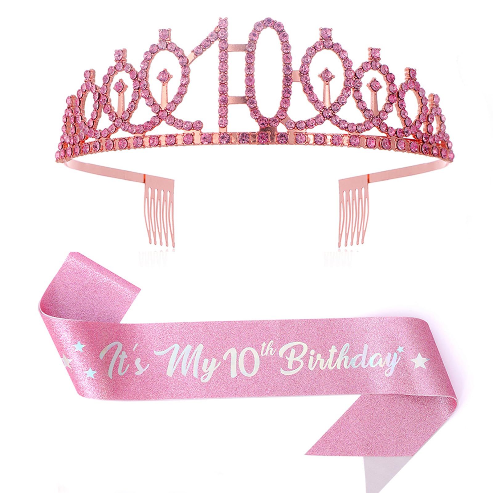 10th Birthday Decorations for Girls,Pink Headband & Glitter Sash Set for 10 Year Old Girl Birthday Decoration (Pink)
