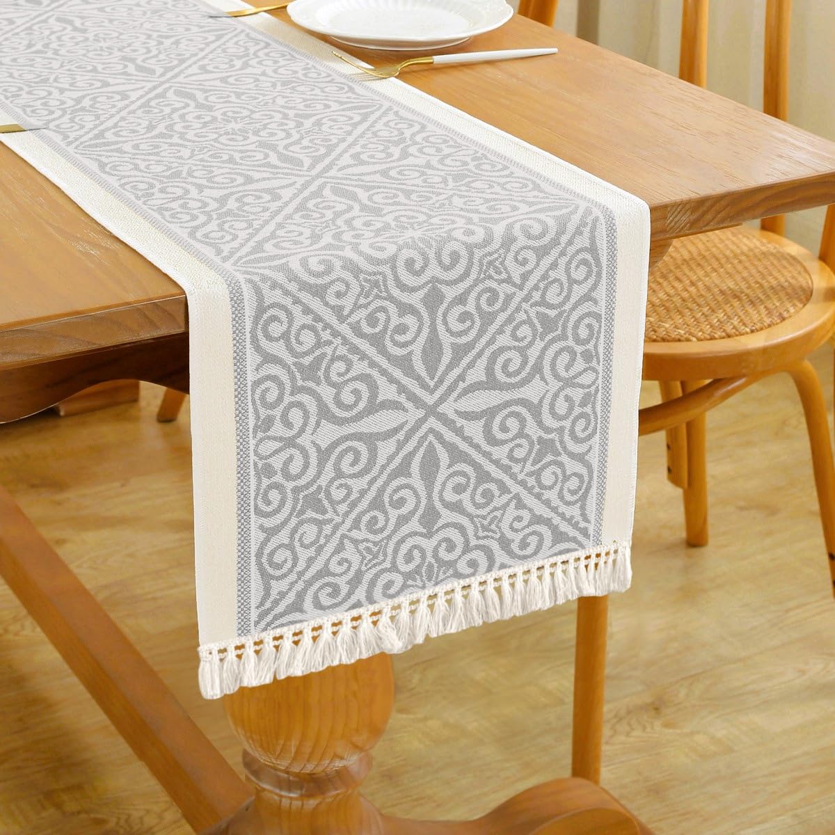 HomeyHo Floral Coffee Table Runner for Living Room Kitchen Farmhouse Bordered Dining Table Runner with Fringe Rectangle Heat Resistant Elegant Grey 14