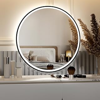 Comprar furduzz fuduzz Espejo de baño LED Circular, Marco Negro, Espejo de Maquillaje de 700 mm con luz, Espejo de Pared de iluminación antiniebla, función de Memoria, 3 Colores, Ajustable