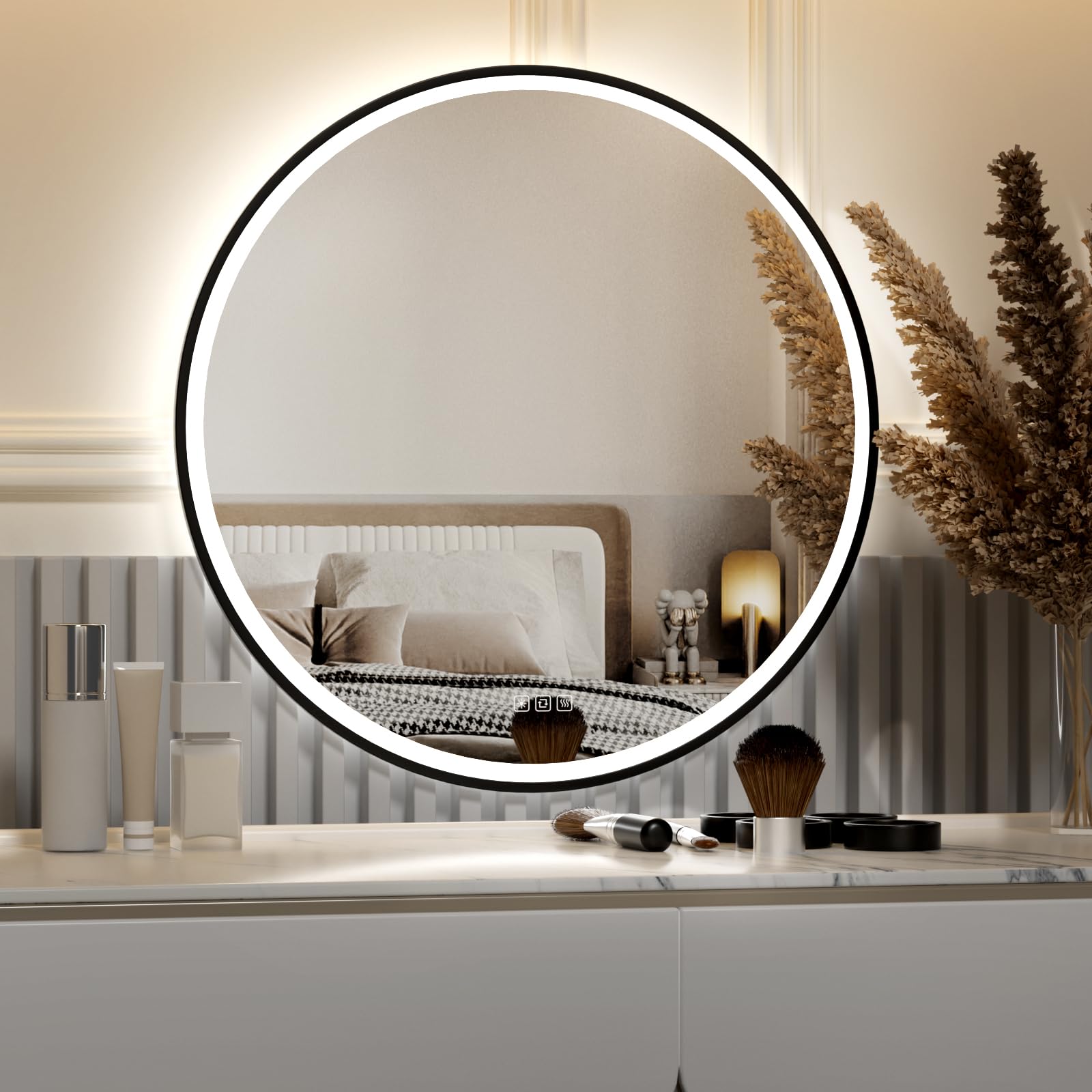 furduzz Round LED Bathroom Mirror with Black Frame, 700mm Vanity Mirror with Lights, Illuminated Wall Mounted Mirror with Anti-fog,Memory Function,3 Colors,Dimmable,Shatter-Proof Tempered Mirror — image 1