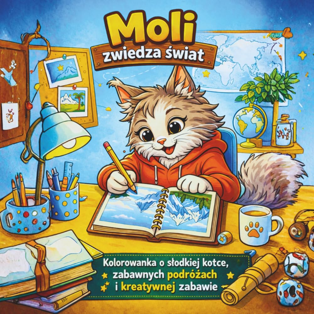 Kolorowanka dla dzieci 4–8 lat • Urocza kotka Moli Podróżniczka • Przygody, odkrywanie świata: Rozwój wyobraźni dla przedszkolaków, kreatywna zabawa dla dziewczynek i chłopców, Magiczne przygody
