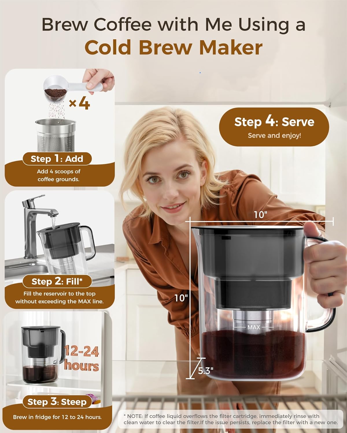 Waterdrop Cold Brew Coffee Maker with 1 Magnesium Water Filter for Well-Balanced Acidity, Unlocks Aroma, BPA-Free Cold Brew Pitcher, Stainless Steel Filter for Iced Coffee, Tea, Lemonade, Black