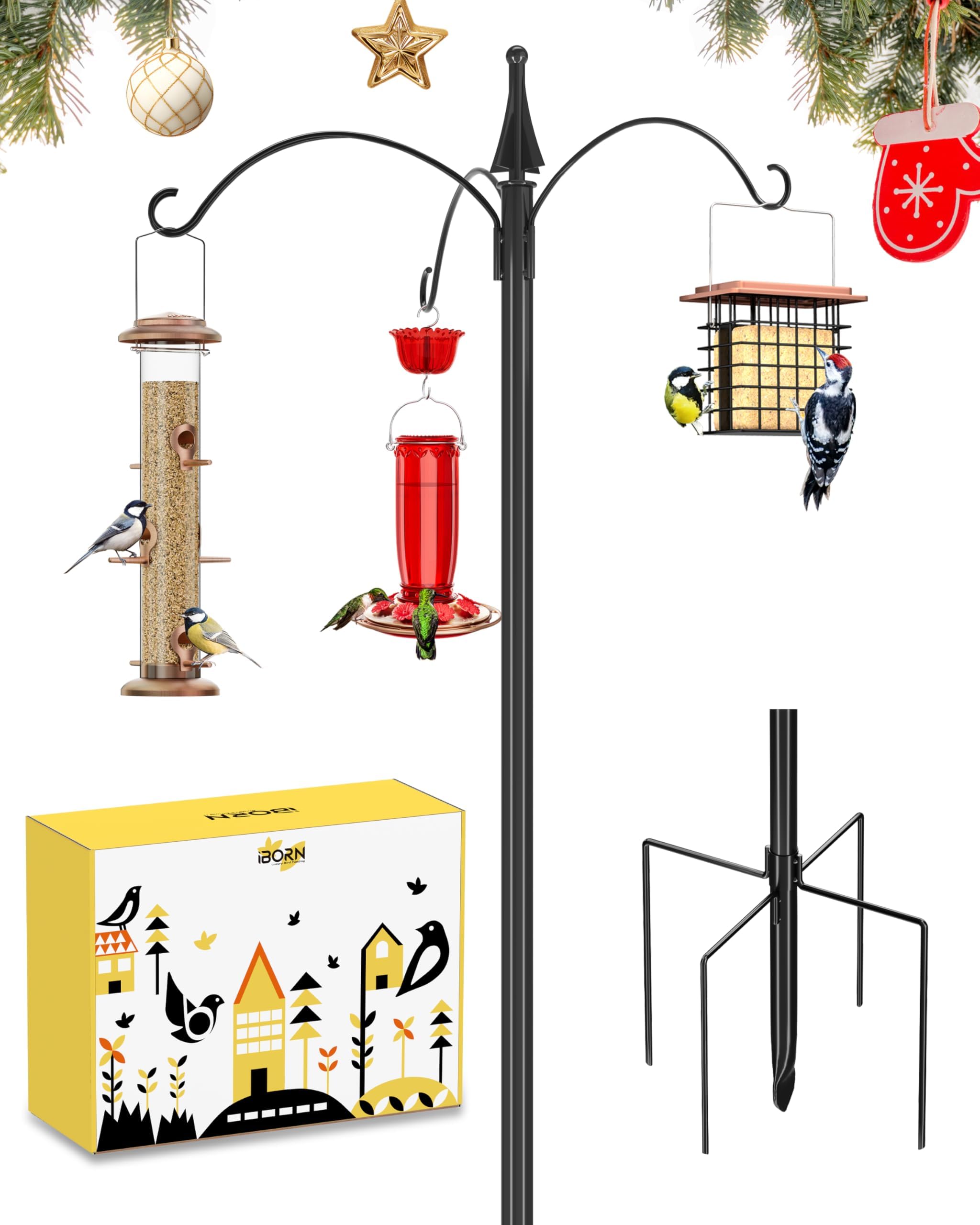 iBorn Bird Feeders Hanging Station 76Inch Wild Bird Feeding Station Pole Stand Outdoors Shepherds Hooks, 3 Hooks,3/4Inch Pole (Bird Feeders NOT Included)