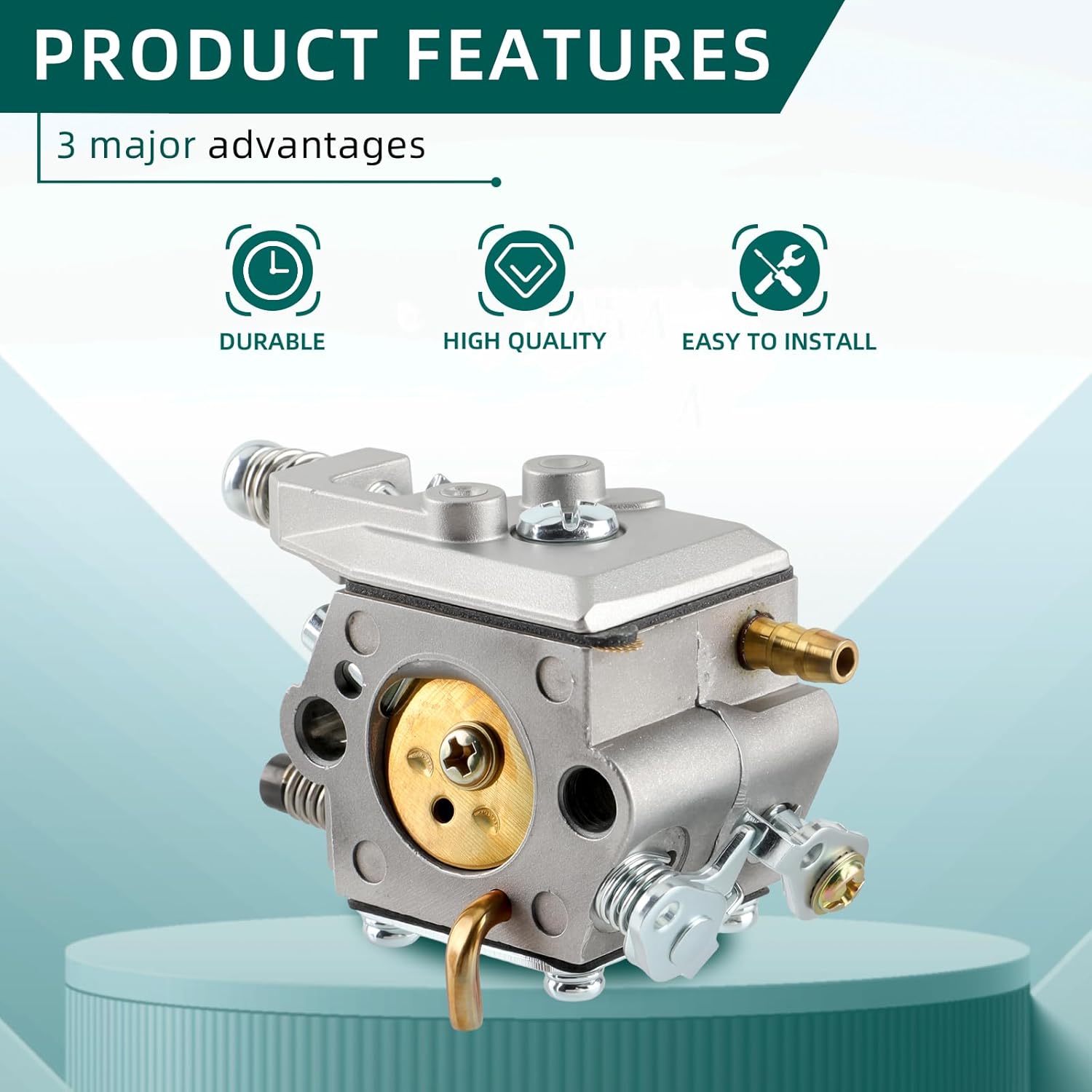 Image titled 'PRODUCT FEATURES' showing a carburetor with three icons above it: a clock for 'Durable', a diamond for 'High Quality', and a wrench for 'Easy to Install'.