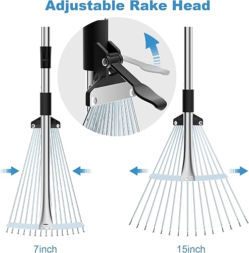 Miniatura 4 de Rastrillo de jardín para hojas, rastrillo de hojas ajustable de metal resistente para césped, longitud de 37 a 81 pulgadas, cabeza ajustable
