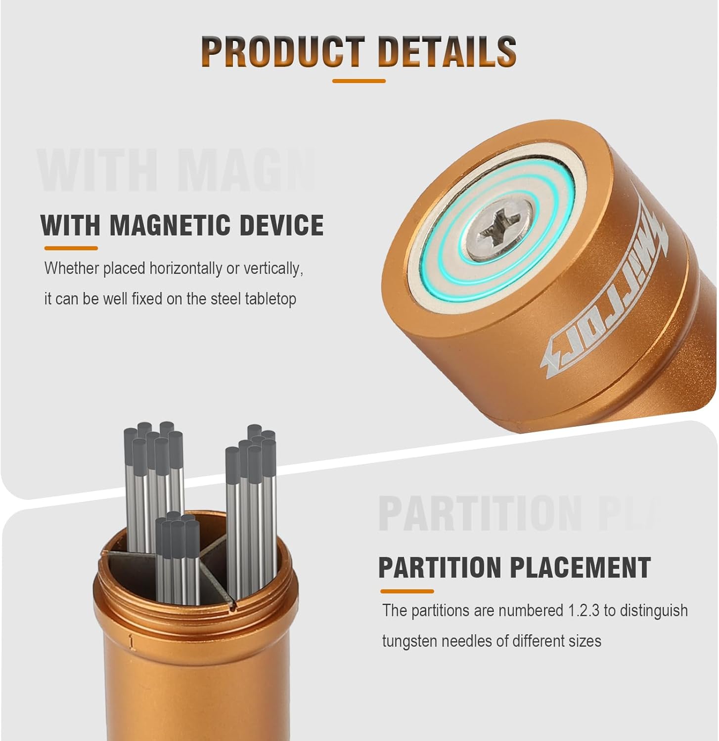 3mirrors Tungsten Holder -Tungsten Electrode Storage Solution with 3 Section Divider & Magnetic Base,TIG Welding Accessories,Orange