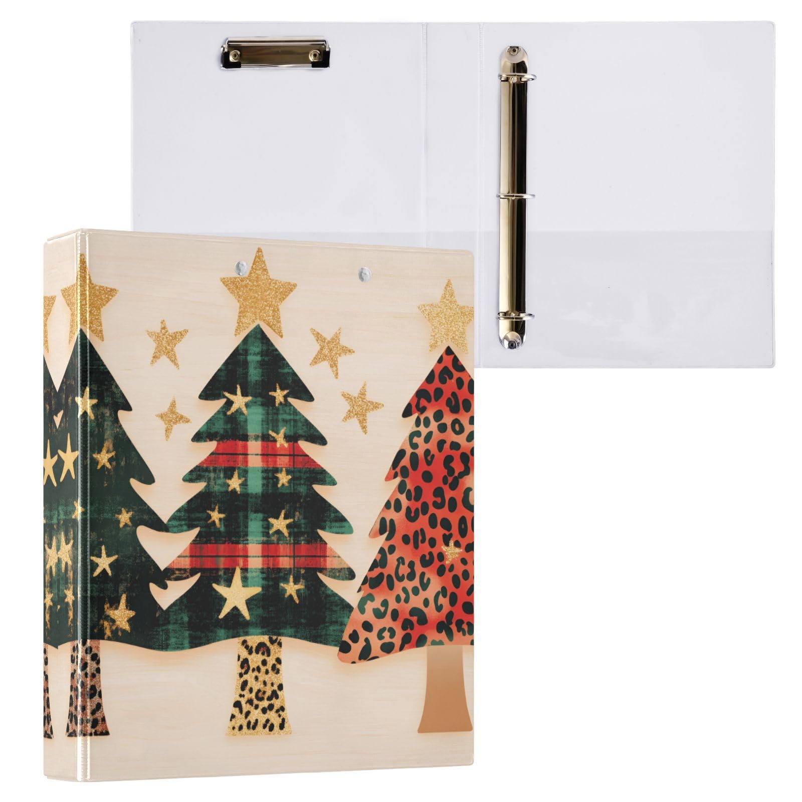 Confezione da 2 raccoglitori a 3 anelli, con tre alberi di Natale con stampa leopardata, 3,8 cm, con 3 tasche trasparenti, portablocco e contiene 200 fogli, per ufficio, scuola