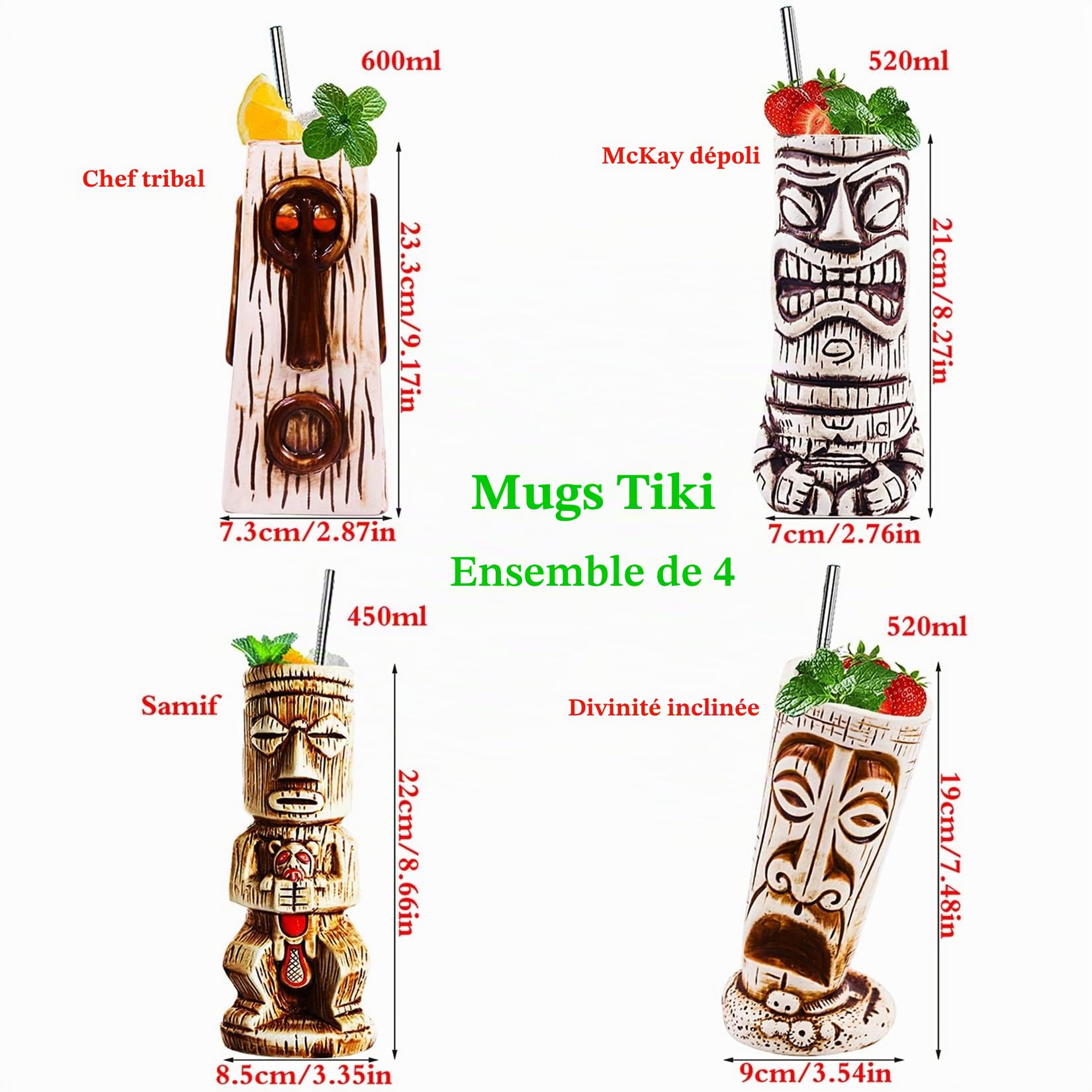tiki Cocktails Tiki Mugs Ensemble de 4 Tasses à Cocktail en Céramique Verres à Cocktail Exotiques Tiki Bar Professionnel Hawaiian Party Barware tiki mug reutilisable,Beige