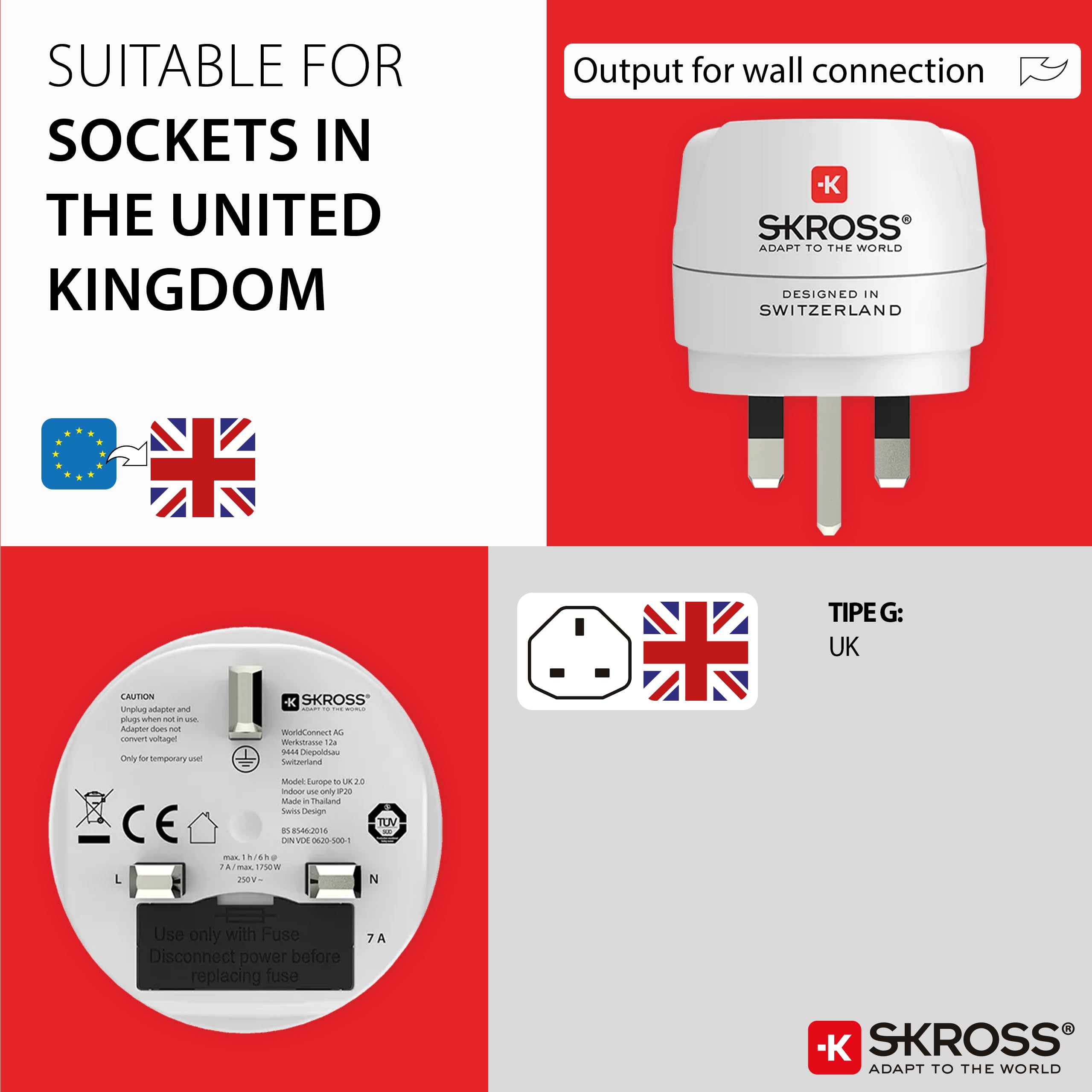 SKROSS 1.500230C-E, Europe to UK adapter podróżny do podróży z Europy w Wielkiej Brytanii
