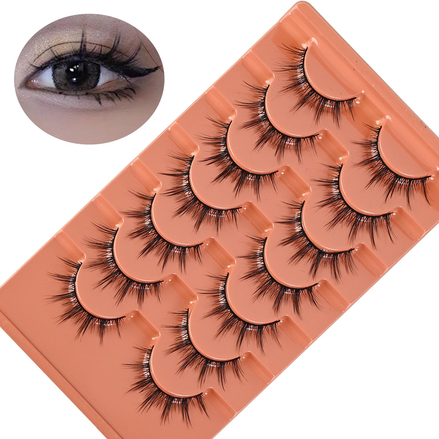 Muiltvoe Natural Wispy Lashes, Cat Eye Lashes, 3D Curly False Lashes, Soft Fluffy Lashes, Fox Eye Lashes, 7 Pairs