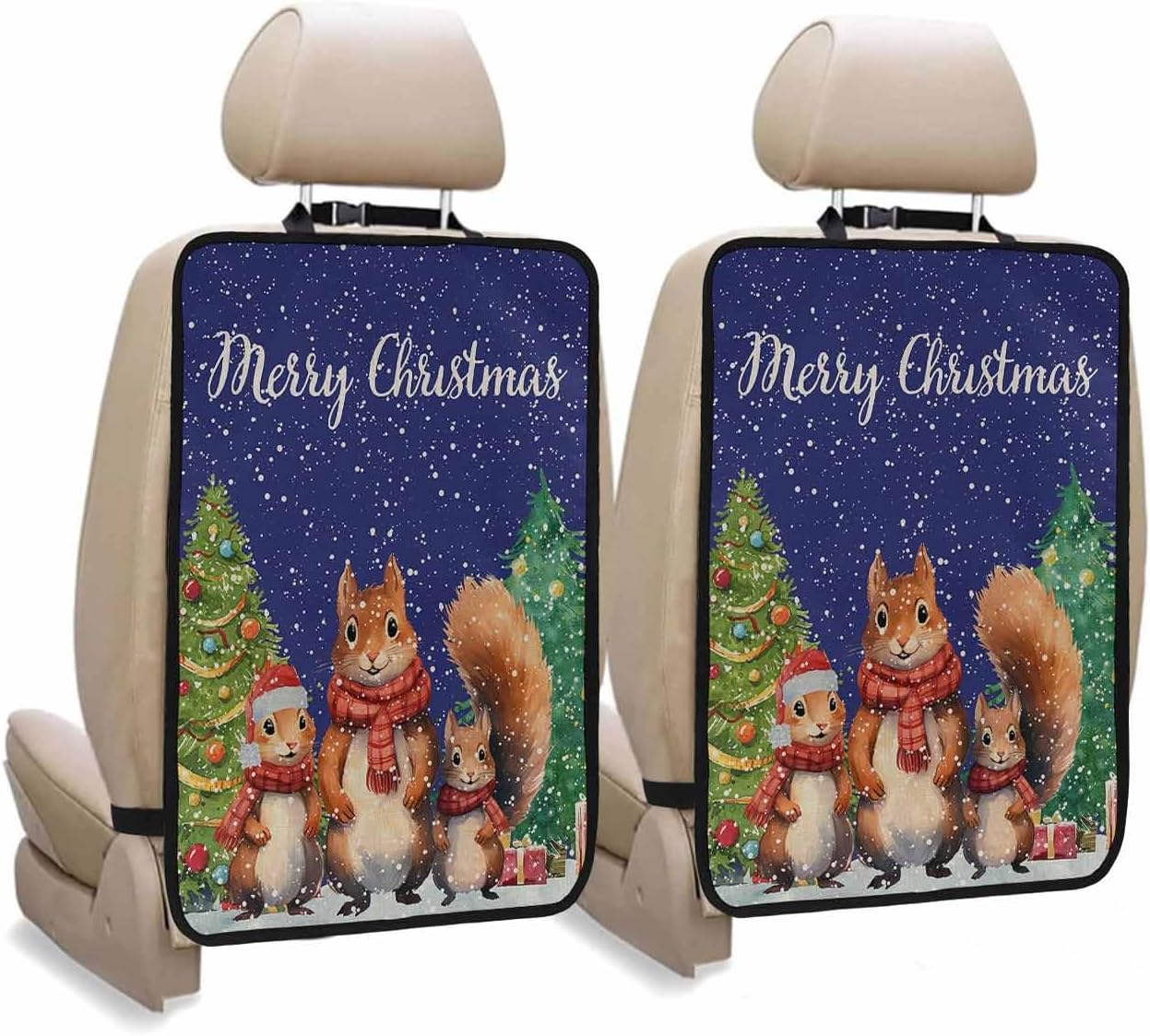 Car Seat Protector, 2 Pack Kick Mats Back Seat Protector Merry Christmas Squirrel Gifts Xmas Tree Red Buffalo Plaid Waterproof Backseat Cover for Kids Universal Fit Automotive Interior Protectors