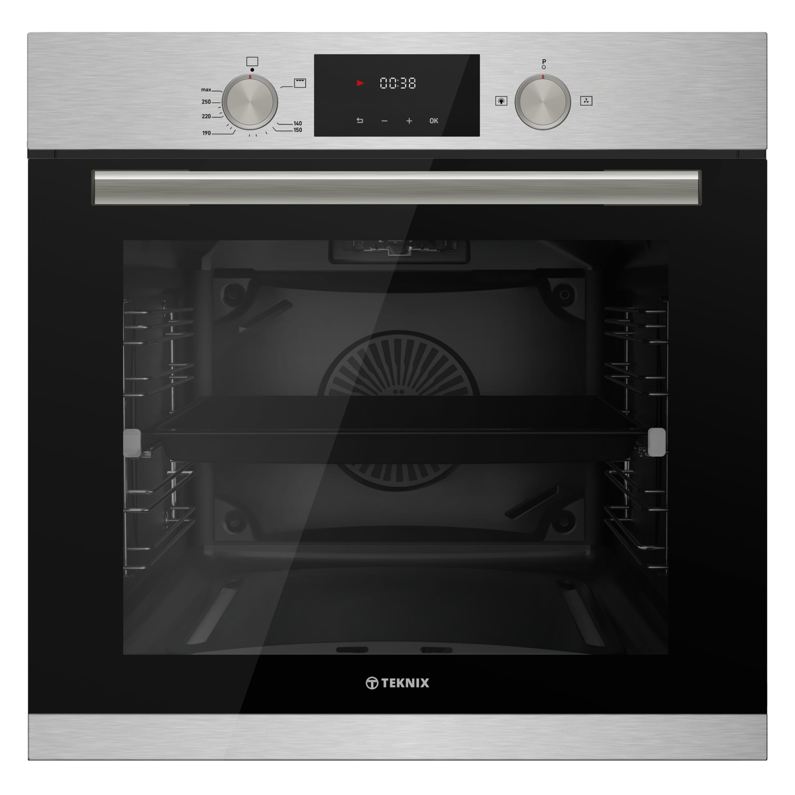 Teknix BITK264GSX - Forno a gas da incasso da 60 cm, con capacità di 63 litri, convertibile a GPL, display digitale con timer, doppi vetri, chiusura rallentata, in acciaio inox, 59,5 x 59,5 x 55 cm