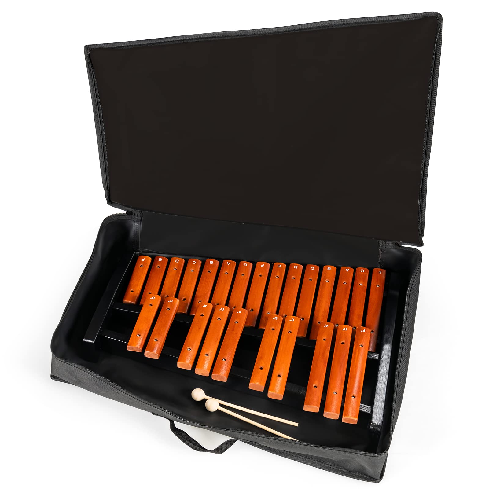 COSTWAY 25 Noten Xylophon Glockenspiel, Musikinstrument Holz, mit 2 Schlägeln & Tragetasche, Percussion Geeignet für Kinder und Erwachsene, Braun+Schwarz