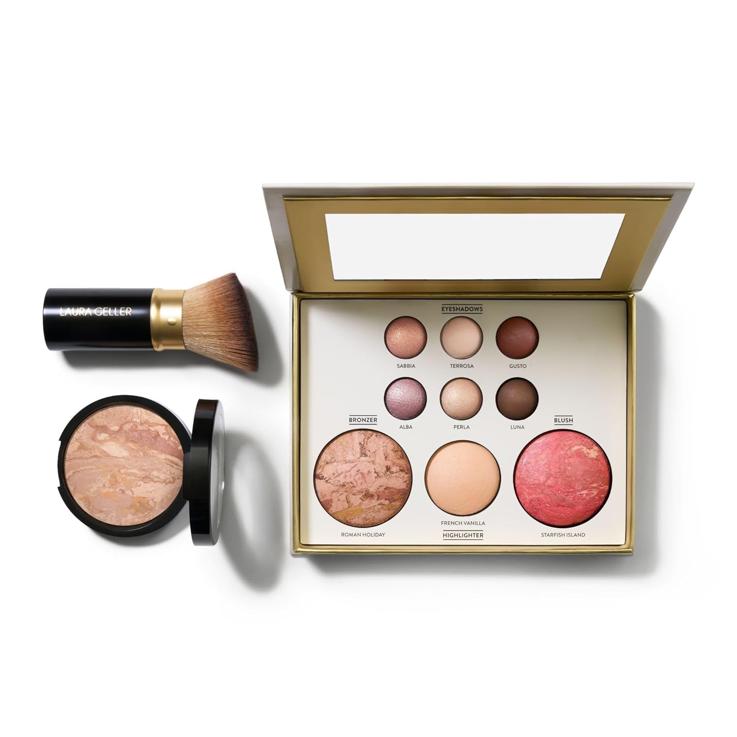 LAURA GELLER Baked Starter Kit Tuscan Dreams - Baked Balance-n-Brighten Powder Foundation + Retractable Angled Kabuki Brush + Best of the Best Palette, Tuscan Dreams fair