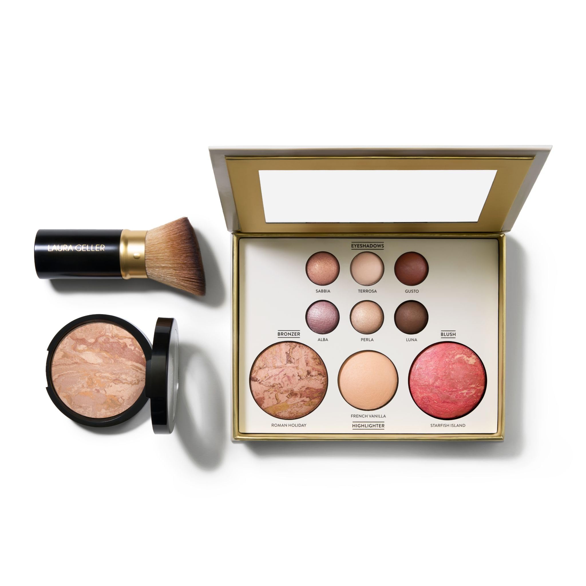 LAURA GELLER NEW YORK Baked Starter Kit- Baked Balance-n-Brighten, Fair + Best of the Best Tuscan Dreams Face Palette + Pennello Kabuki angolato retrattile (fiera)