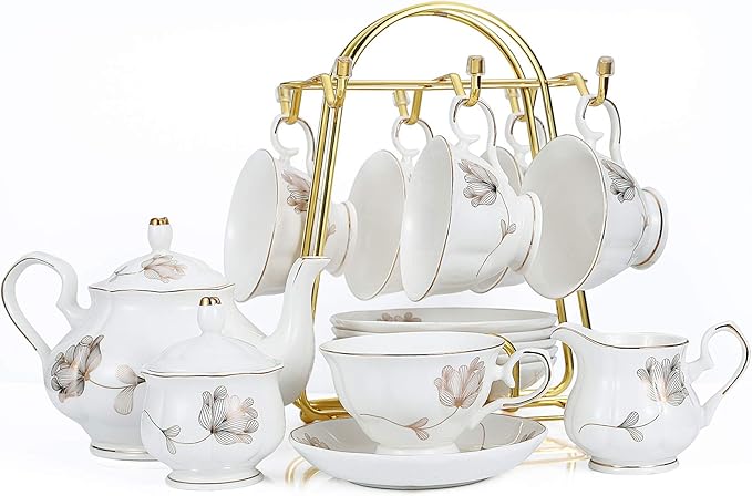 CHENP.HMC Tea Set 22-Piece Porcelain Ceramic Coffee Tea Sets Cups Saucer Service for 6 Teapot Sugar Bowl Creamer Pitcher and Teaspoons Porcelain Tea Set(Dark Green)