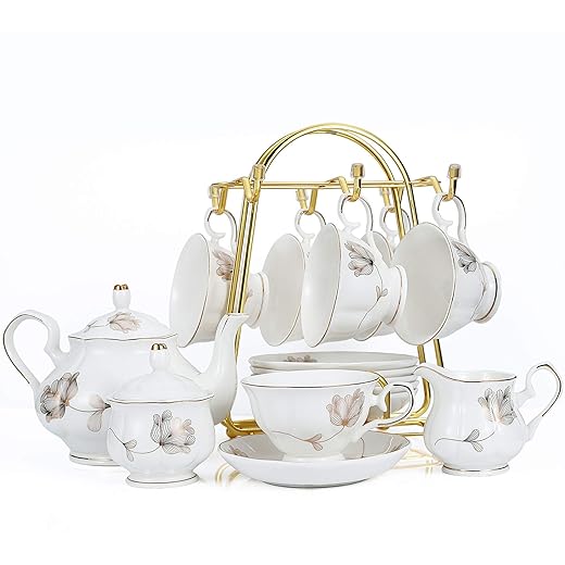 CHENP.HMC Porcelain Ceramic 22-Piece Tea Set, Teapot and Cup Set, 30.7 Ounces, for 6, Gift Sets, Tea or Coffee Lovers, Wedding, Birthday