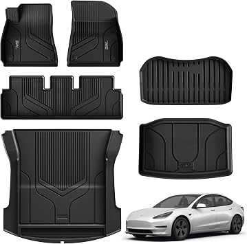 3 W floor mats and trunk tub for Tesla Model 3 2021-2023 6-piece set TPE All-weather Customized floor mats and trunk mats Complete set Tesla Model 3 2021-2023 car floor mats Accessories