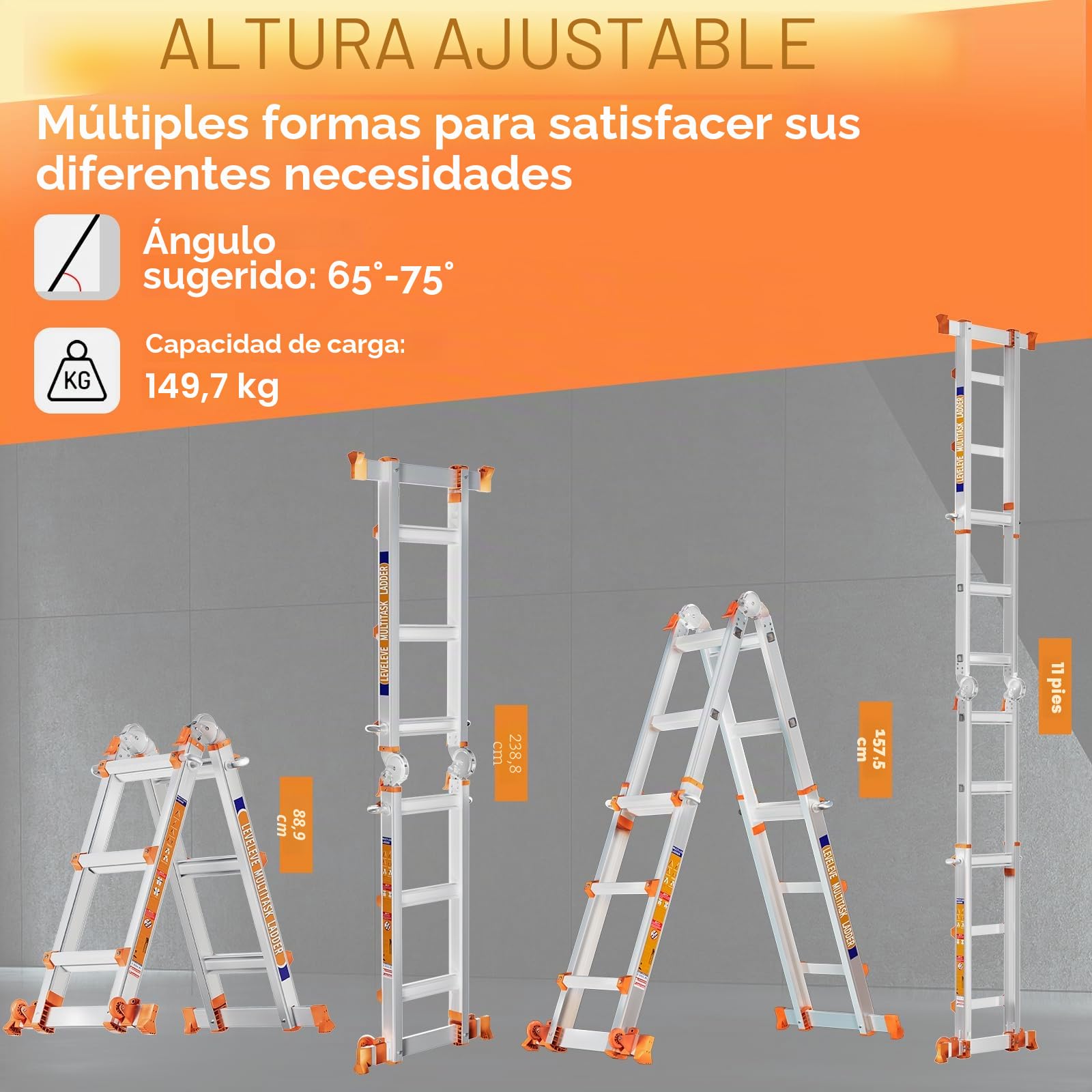 Escalera de 3 peldaños con Varias Posiciones, Escalera Deslizante de 3,3 m con estabilizador y Ruedas, Carga de Seguridad de 150 kg, una Escalera de Marco para escaleras, hogar, Interior, Exterior y