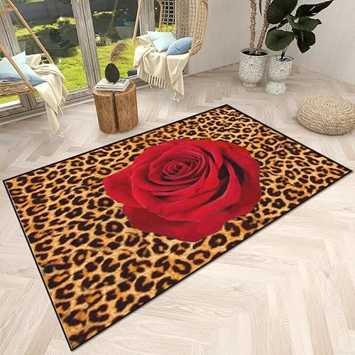 Miniatura 2 de Alfombra de área grande con estampado de leopardo, diseño floral y rosa roja, alfombra moderna y elegante, empalme geométrico, moderna y creativa,