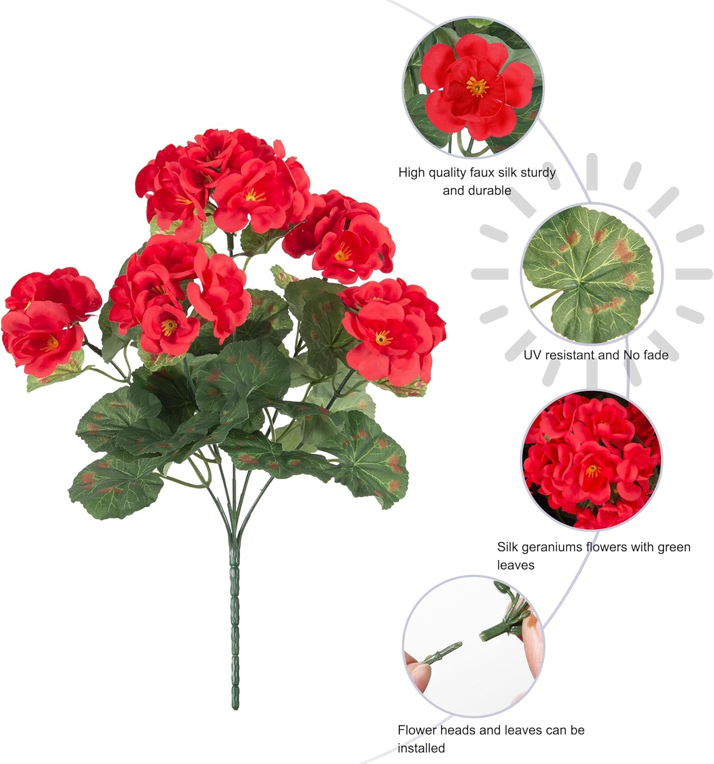 Fake Geraniums Artificial Flowers for Outdoors Outside, 6 Bundles Red Silk Geraniums Fake Flowers Plants Realistic UV Resistant Faux Flowers for Outdoor Planters Garden Balcony Yard Porch Indoor Decor