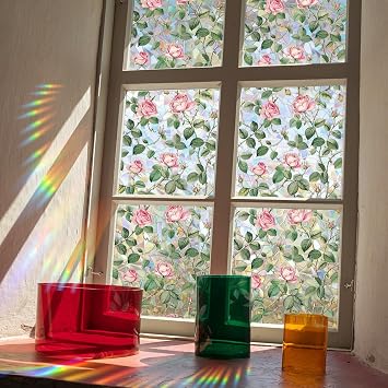 Window Film, Decorative Flower Window Privacy Film, Pink Rose Floral Double Sided Static Glass Window Clings Stickers for Home Office Living Room Bathroom Room Glass Windows Door Decor