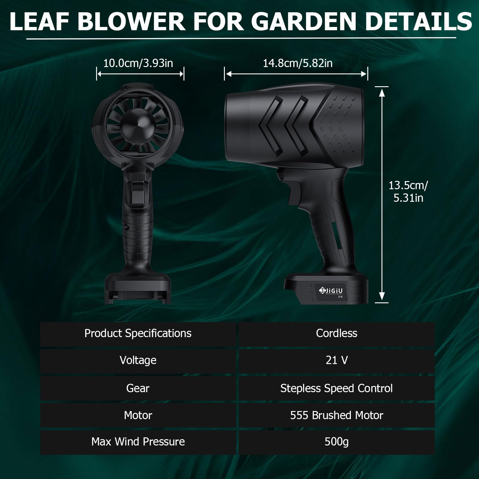 JiGiU Soplador de Hojas Inalámbrico con Batería 21V, Soplador de Aire sin Cable de 21V 26000RPM para Limpiar el Coche, el PC, el Patio y el Jardín Ligero Nieve con 2 Pilas Recargables