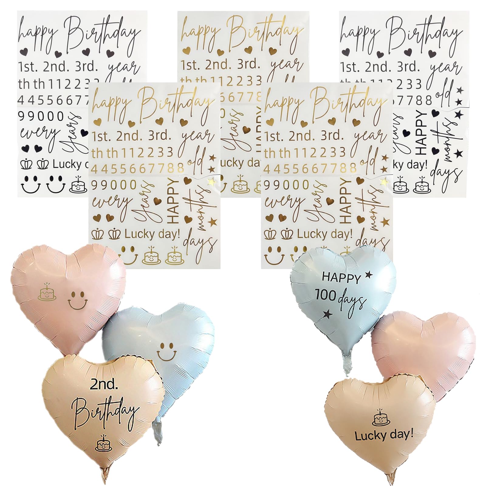 Happy Birthday Balloon Sticker Bobo Party Decoration 5 Pieces Letter Number Balloon Decals Birthday DIY Paster for Birthday Party Baby Shower