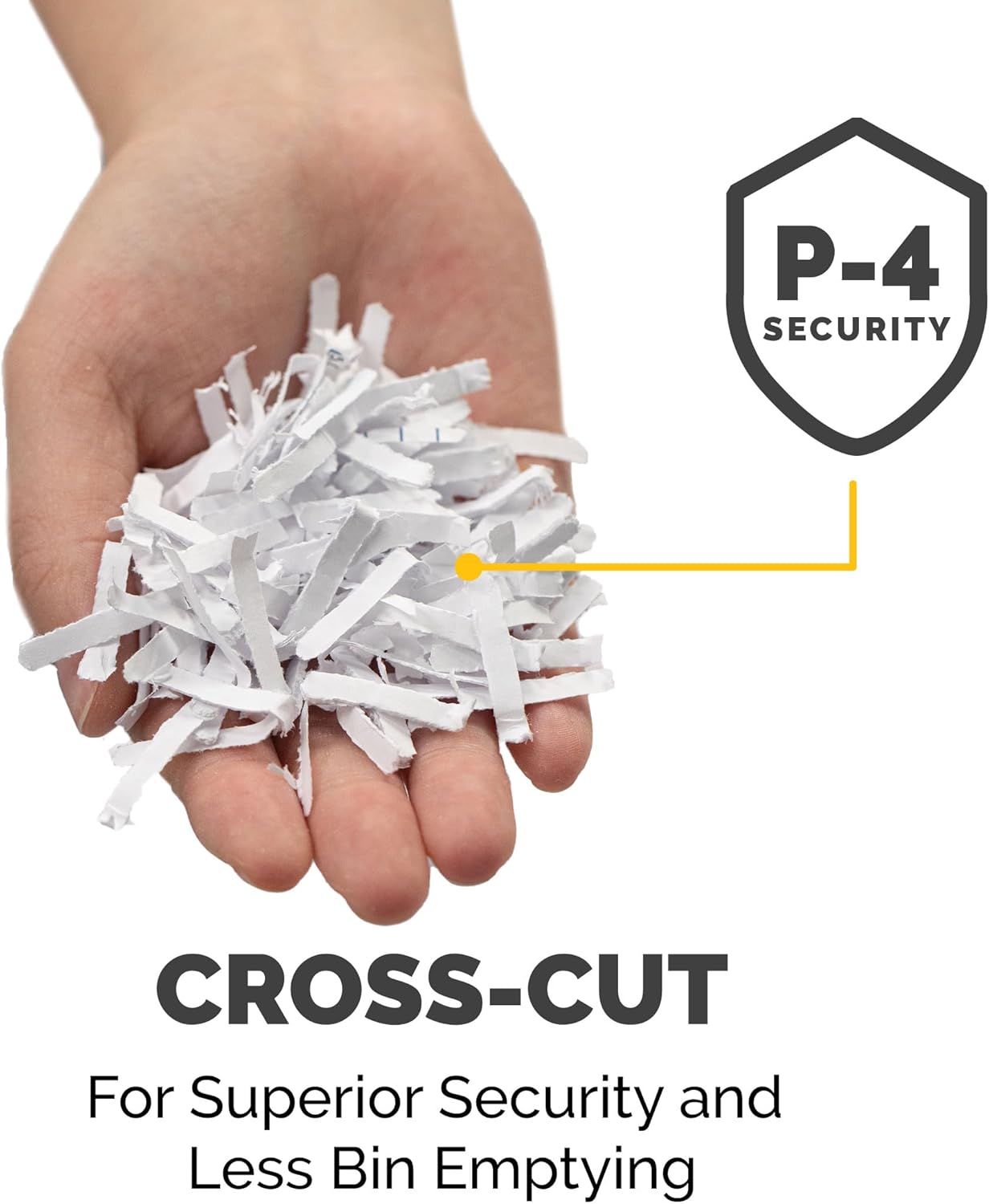 Close-up of cross-cut paper particles with a P-4 security level badge.