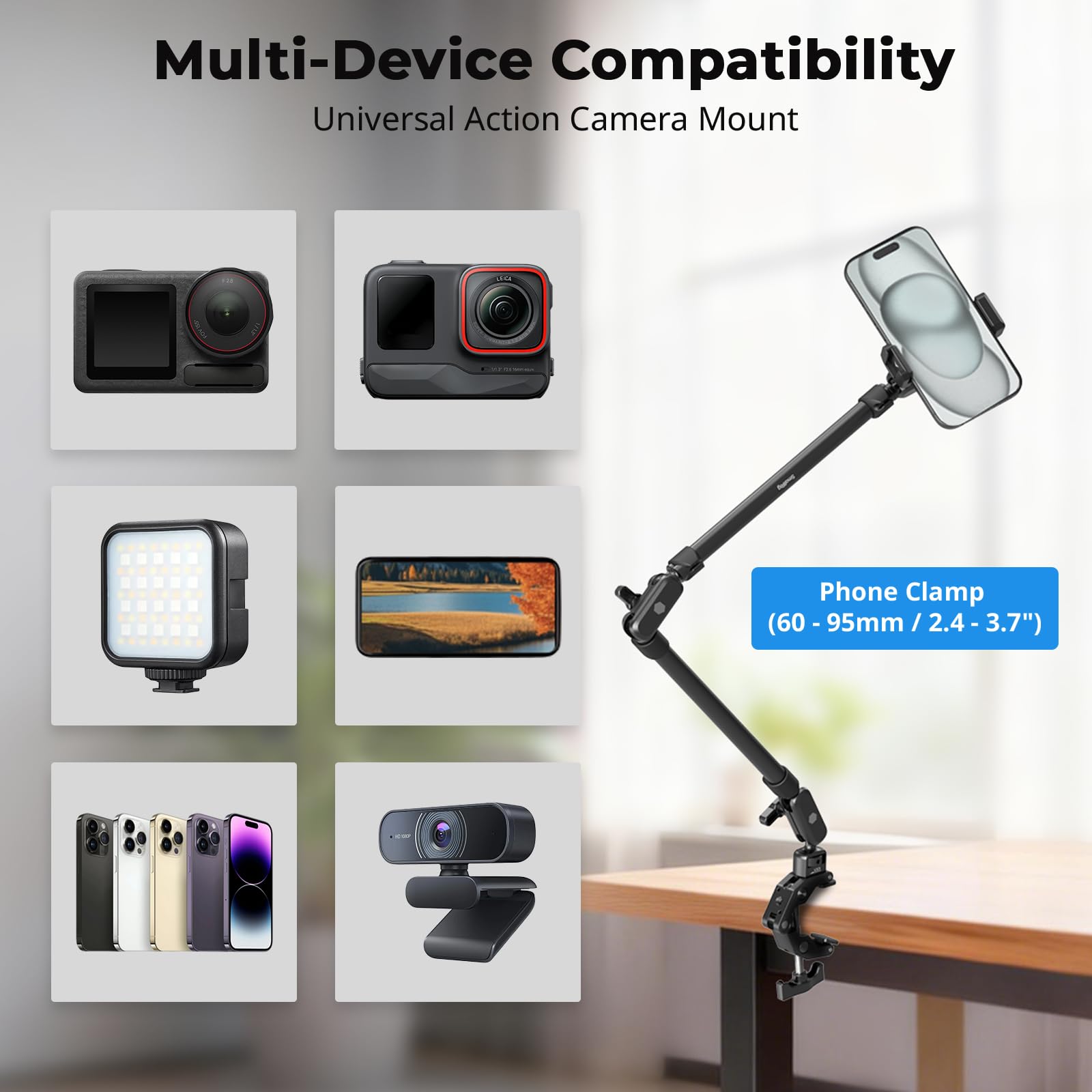 SMALLRIG Ramię Magic Arm 22,4" z zaciskiem Super Clamp, uchwyt na telefon nad głową, elastyczny uchwyt na biurko ze śrubą 1/4" i zaciskiem kablowym, maks. obciążenie 2,2 funta, do iPhone'a - 5625