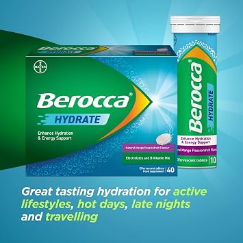 Berocca Hydrate Effervescent Tablets, Mango Passionfruit, 40 Tablets