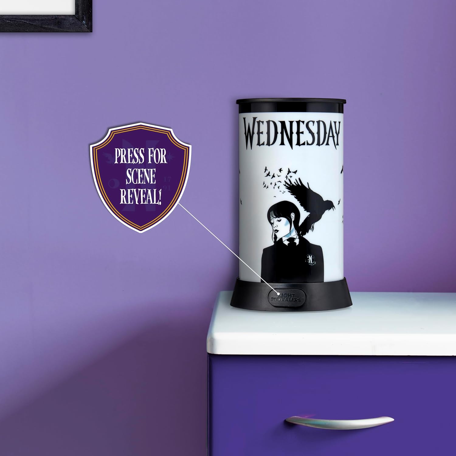 Wow! Stuff Light Revealers Wednesday Addams Night Light - 360° Scene Lamp with Auto-Off - USB or Battery Powered - Portable Bedroom Decor for Kids and Adults - Official Gift