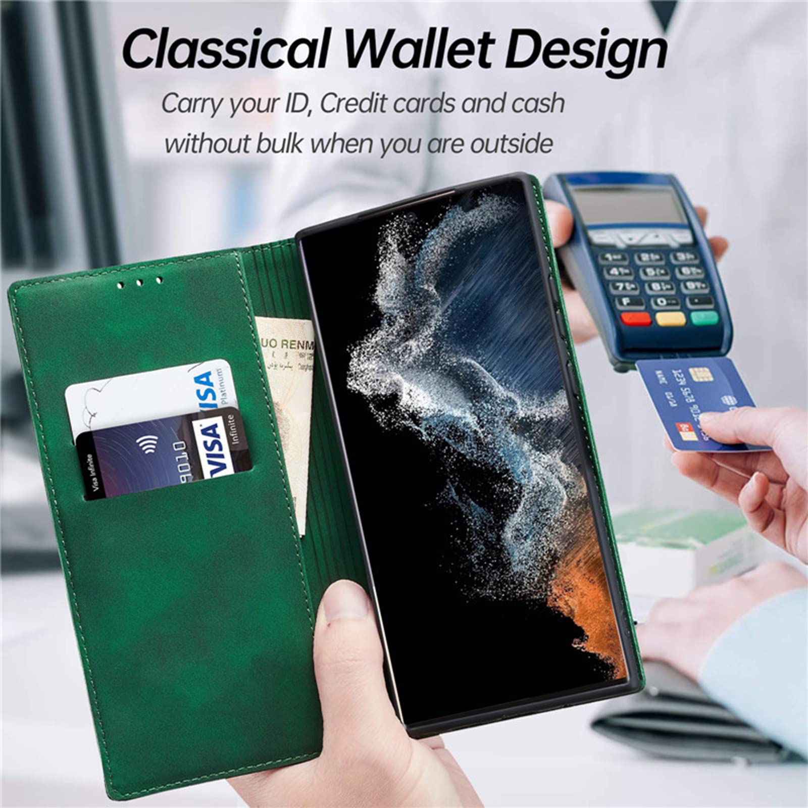 Etui do Samsung Galaxy S22/S22 Plus/S22 Ultra, skórzany portfel etui z przegródką na karty gotówkę magnetyczne zamknięcie etui z klapką na telefon, zielony, S22 Plus 6,5 cala