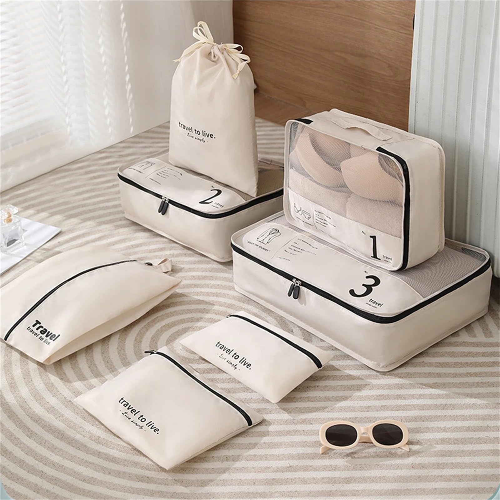 Set di 7 cubi da viaggio organizer, borse leggere e versatili per Vestiti, Scarpe, Cosmetici(WHITE)