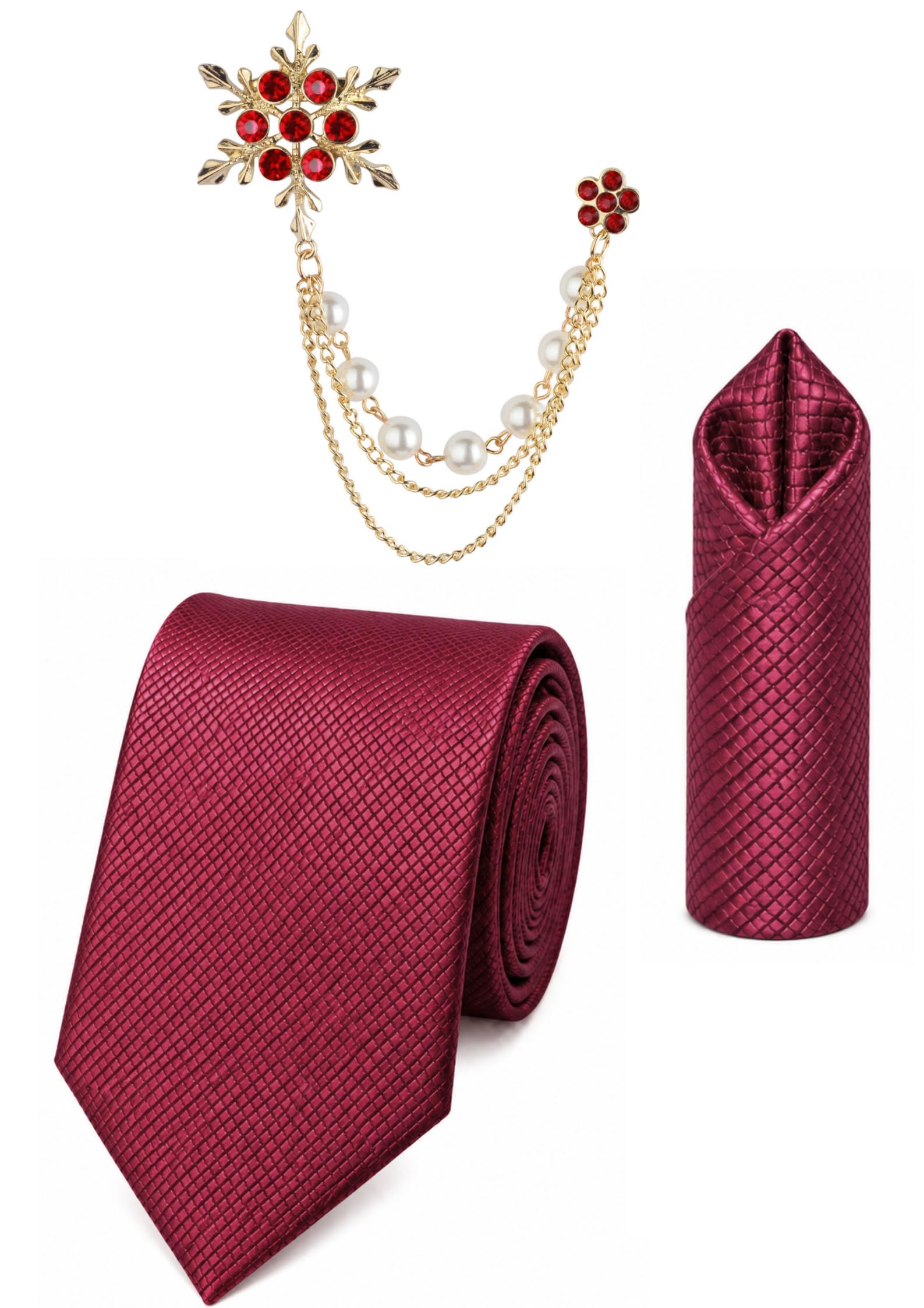 Random Stripe Premium Men's Necktie, Pocket Square & Pearl Chain Brooch Combo Set – Formal Wedding Tie Gift for Men-image-6