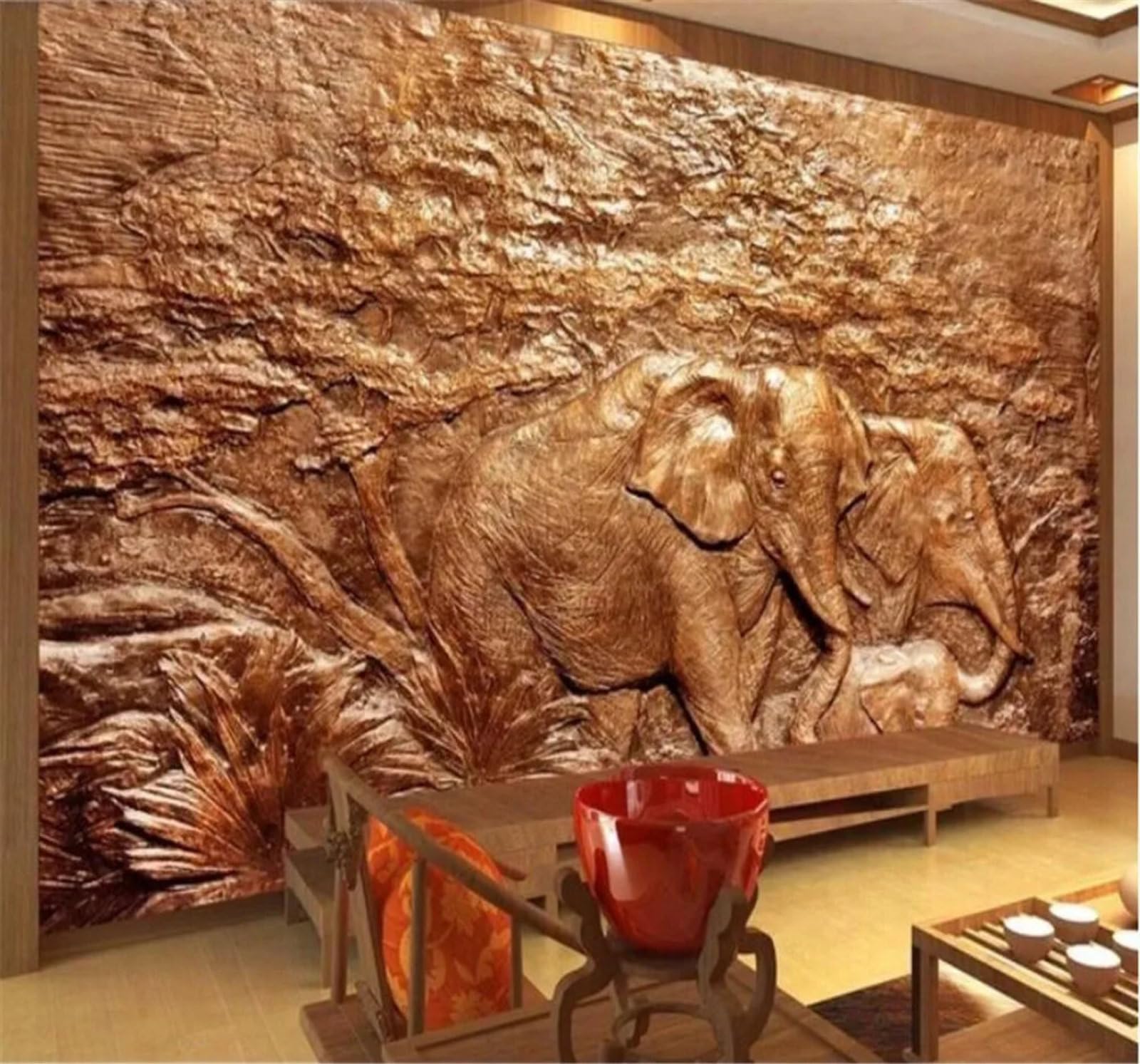 Tzxztt 300Cm×210Cm(B×H) Retro Relief Plants Elephants Art Modern 3D Wallpaper Premium Textured Silk Neutral Tones Material Ideal For Living Room Bedroom-300Cm×210Cm