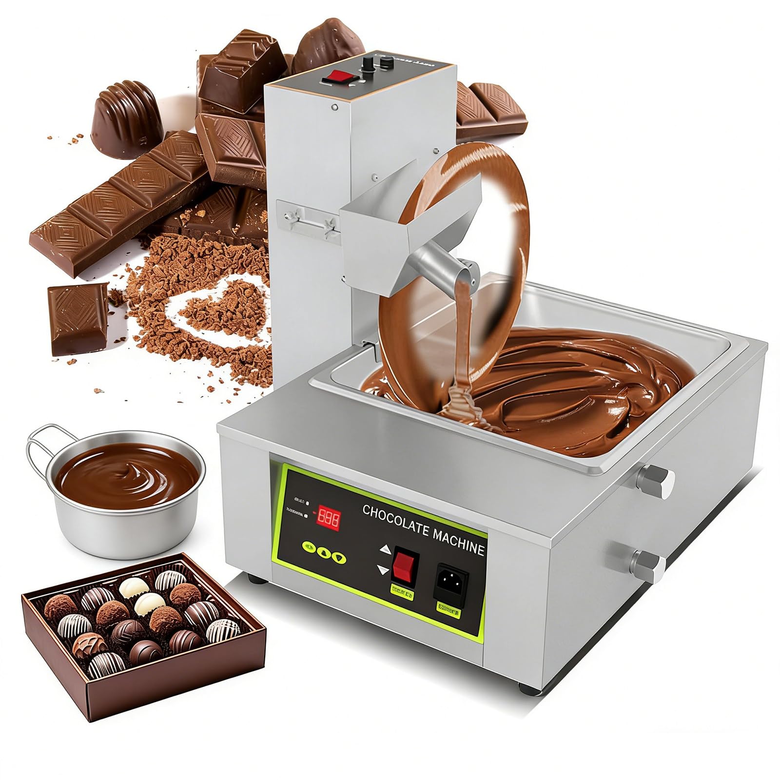 Machine à Tempérer Le Chocolat, Moteur Silencieux 60W avec Vitesse Réglable 38-55 RPM, Idéale pour Boulangeries Confiseries Chocolateries Enrobage Moulage 8kg