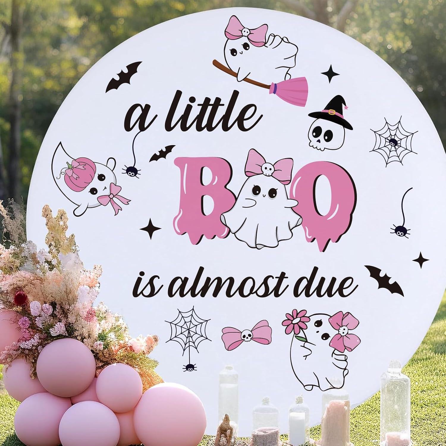 A Little Boo is Almost Due Backdrop Decal - Pink Cute Ghost Baby Shower Sticker for Balloon Arch, Spooky Boo Spider Web Stickers for Halloween Gender Reveal Party Decor