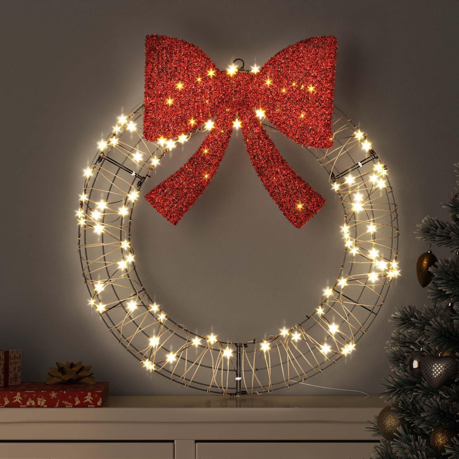 vidaXL Kranz 60 LEDs Warmweiß 75 x 75 x 8 cm Rattan
