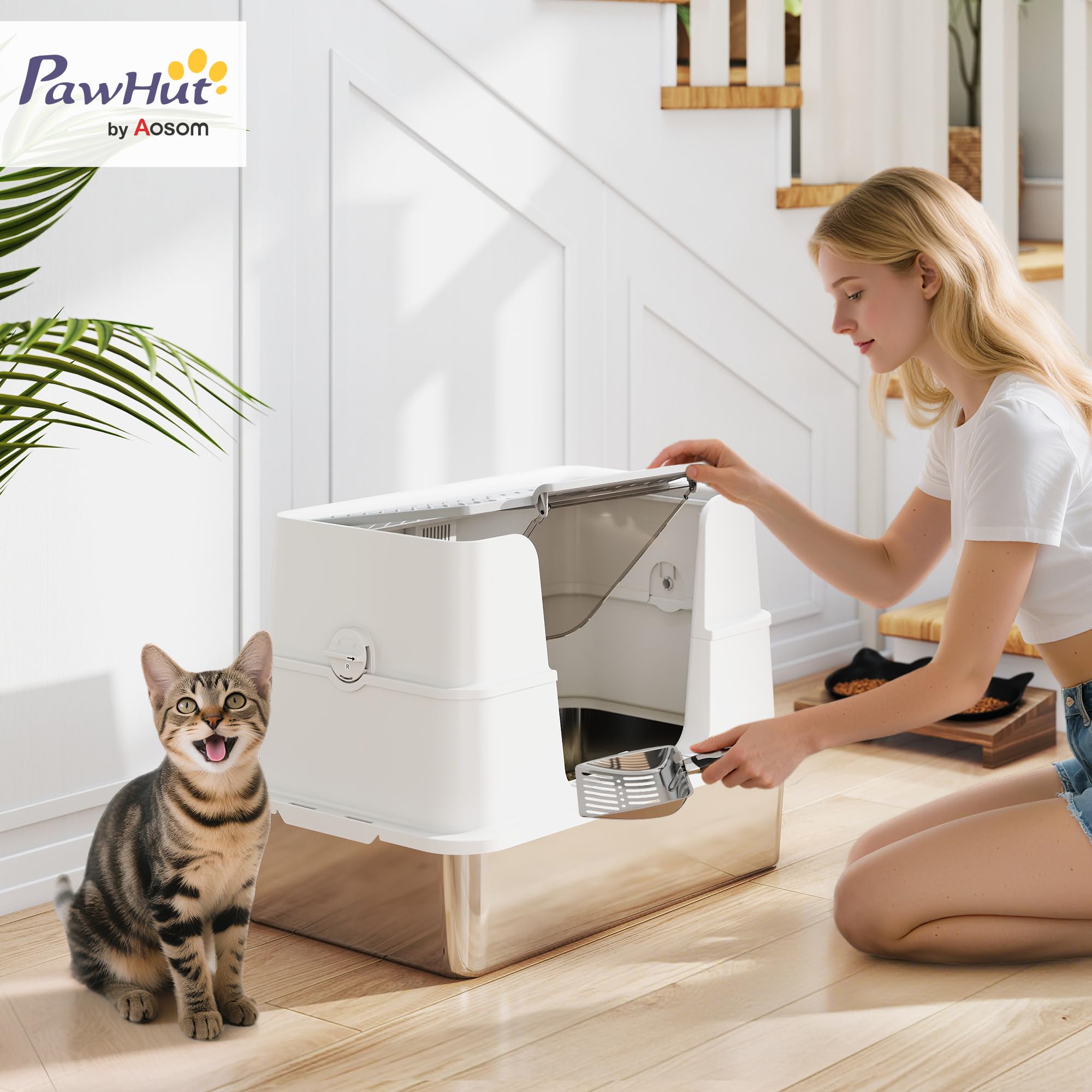 PawHut Arenero para Gatos Acero Inoxidable XL Gatos Grandes Gris Claro | Caja de Arena, Arenero con Tapa Abatible, Laterales Altos, Entrada Superior, Pala, sin Olores, Fácil de Limpiar, Antifugas