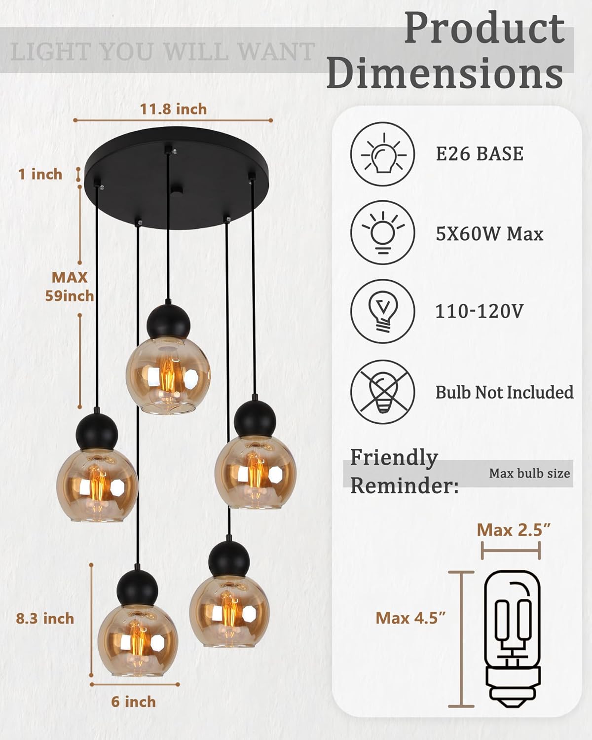 5-Light Chandelier Cluster Pendant Lights, Mid Century Modern Chandelier with Amber Glass Shade, Adjustable Hanging Cord Ceiling Light for Living Dining Room Foyer