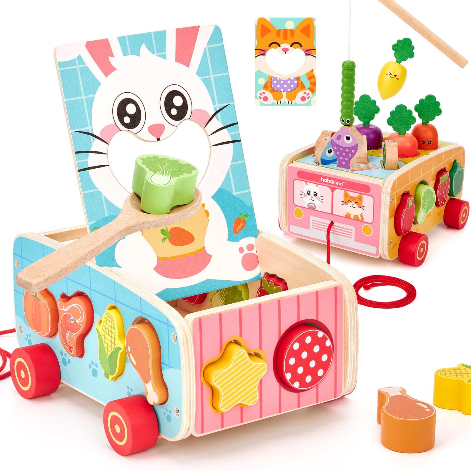hahaland Giochi Montessori in Legno 1 2 3 Anni, 7 attività Educative con Pesca Magnetica, Motricità Fine e Carrellino Trainabile, Regalo per Bambini Bambina 18 Mesi