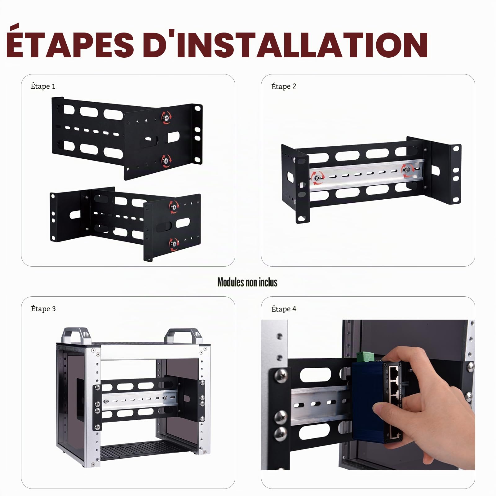 GeeekPi Support de montage sur rail DIN à profondeur réglable 2U de 10 pouces pour DeskPi RackMate T1/T0/T2/T0 Plus/T1 Plus, compatible avec les appareils de réseau industriel de 35 mm et armoire