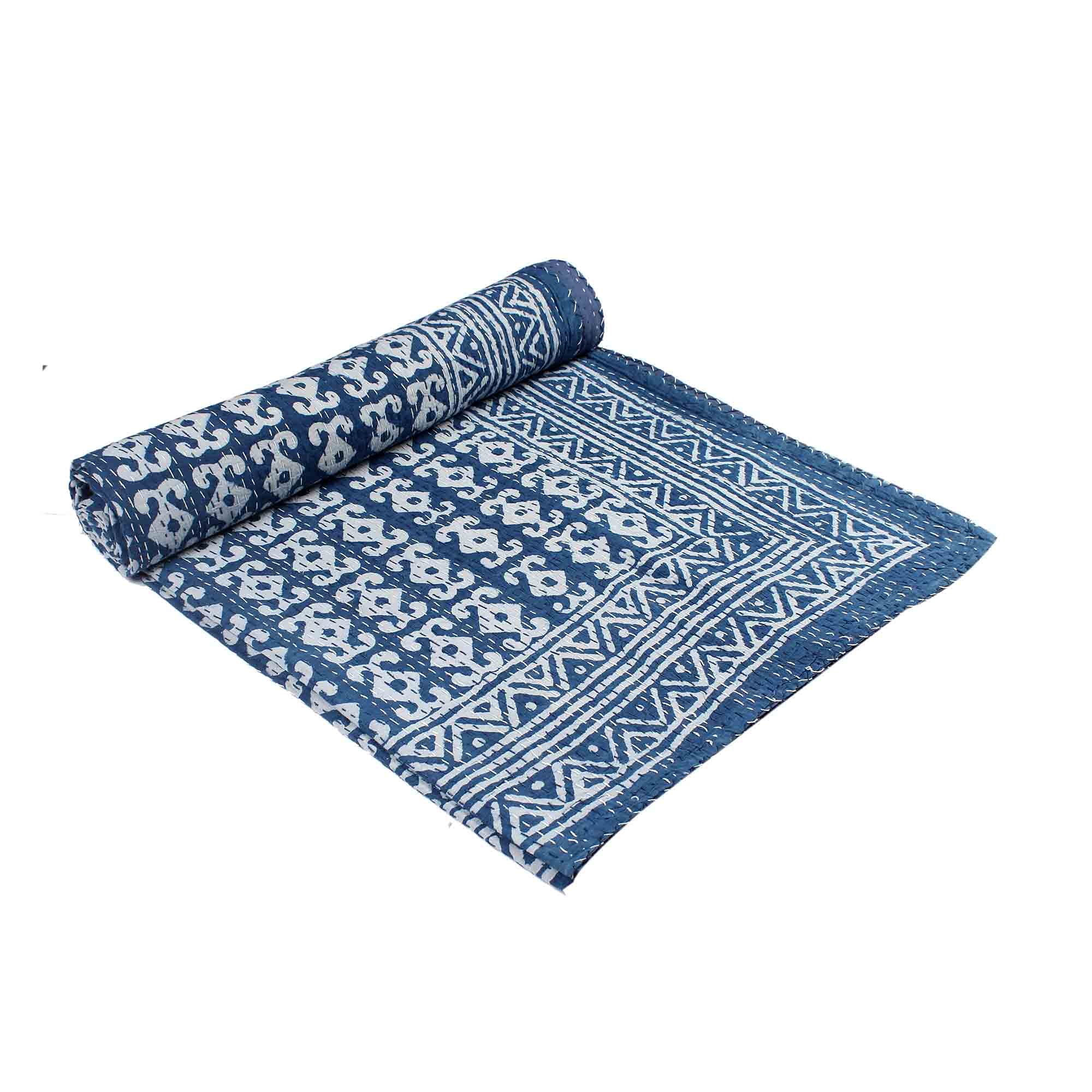 Couvre-lit Kantha fait main coton Indigo authentique Gudari