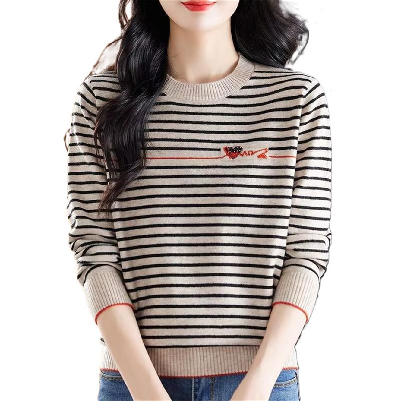 Striped O-Neck Long Sleeve Knit Sweater Women Regular Fit Casual Jumper in Fabric Spring Autumn Winter Wear
