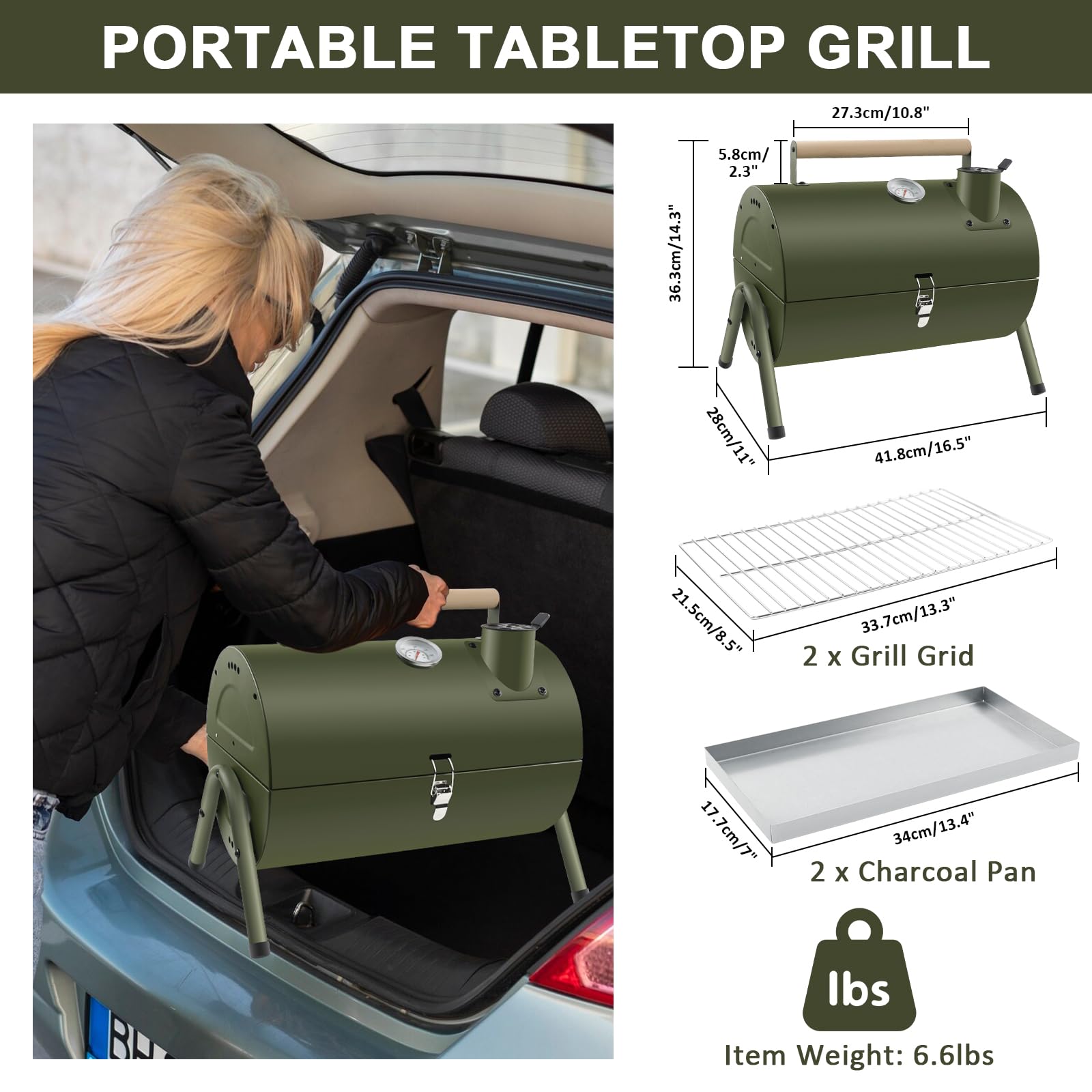 Barbecue Portable 2 en 1 avec Thermomètre BBQ à Charbon, Vert | Grill de Table, Pour Jardin Balcon Voyage Camping