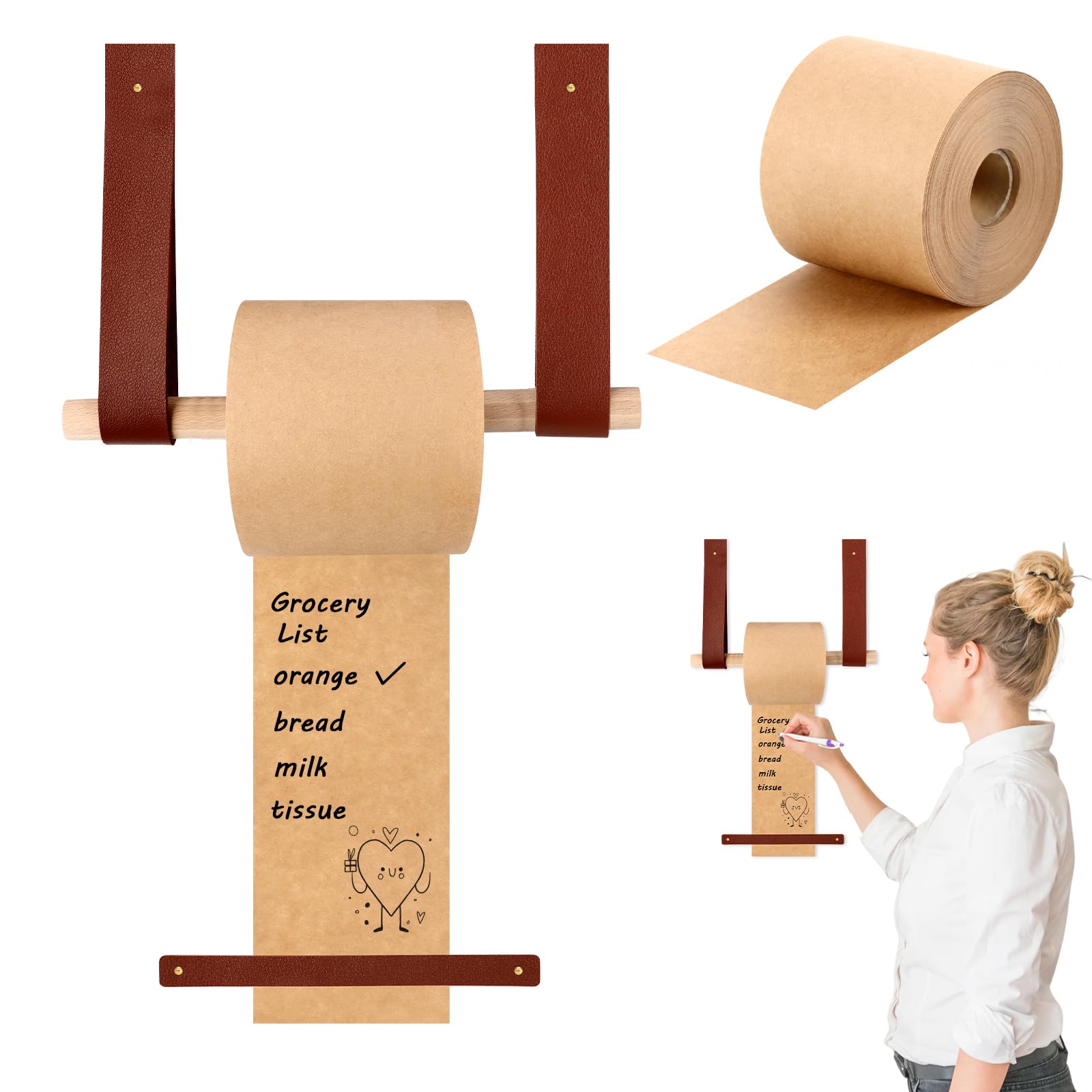 3 Inch Kraft Note Paper Roll Holder for Wall Mounted with 1 Roll Brown Grocery List Roll Dispenser Butcher Paper Dispenser Hanging Paper Roll Cutter Memo Board For To do List Wall Dector Home