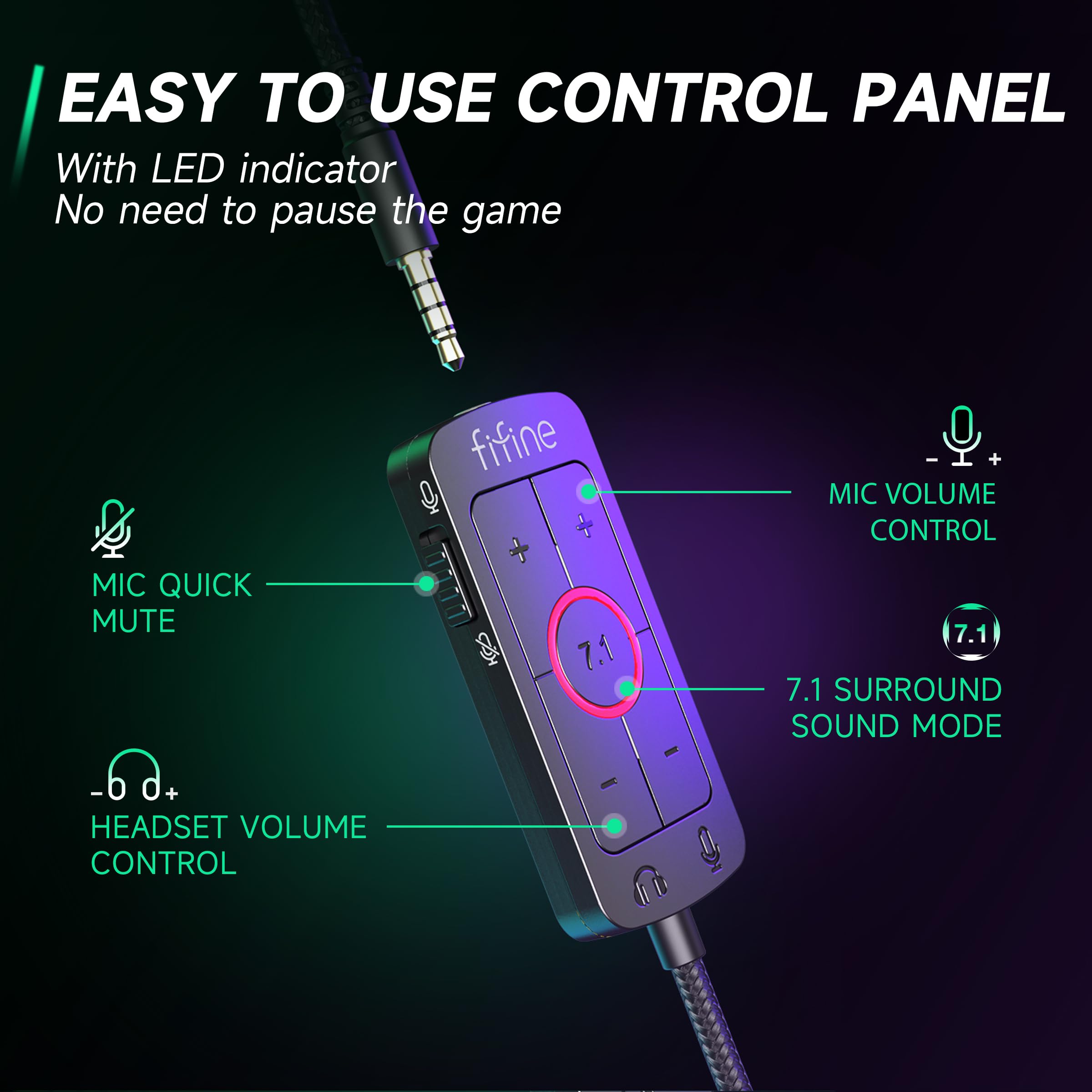 FIFINE Gaming Headset mit Mikrofon, Over Ear Kopfhörer mit Kabel, USB Headset für PC PS4 PS5 Xbox Switch, RGB Headphone mit 7.1 Surround Sound und Ohrpolster